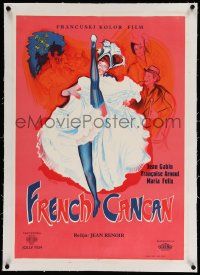 6t220 FRENCH CANCAN linen Yugoslavian 20x28 '57 Jean Renoir, Peron art of Moulin Rouge showgirl!