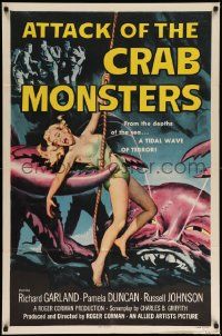 6w077 ATTACK OF THE CRAB MONSTERS 1sh '57 Roger Corman, art of sexy girl attacked by beast!