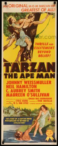 6w028 TARZAN THE APE MAN insert R54 great art of Johnny Weismuller & Maureen O'Sullivan!