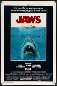 6w123 JAWS 1sh '75 artwork of Steven Spielberg's classic man-eating shark attacking sexy swimmer!
