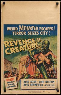 6w046 REVENGE OF THE CREATURE WC '55 wonderful close up Reynold Brown art of monster holding girl!