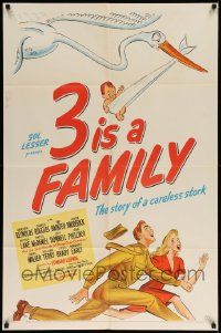 6y002 3 IS A FAMILY 1sh '44 wacky artwork of stork with baby chasing couple on tandem bicycle!