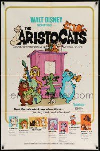 6y047 ARISTOCATS 1sh '71 Walt Disney feline jazz musical cartoon, great colorful art!