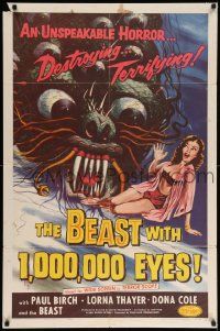 6y071 BEAST WITH 1,000,000 EYES 1sh '55 great uncensored Kallis art of monster attacking sexy girl!