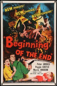 6y075 BEGINNING OF THE END 1sh '57 Peter Graves & pretty Peggie Castle, giant grasshopper sci-fi!