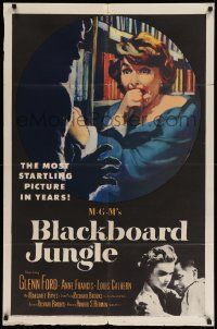 6y091 BLACKBOARD JUNGLE 1sh '55 Richard Brooks classic, art of terrified Margaret Hayes attacked!