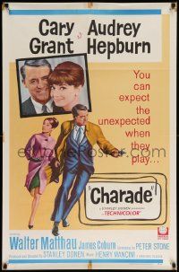 6y136 CHARADE 1sh '63 art of tough Cary Grant & sexy Audrey Hepburn, expect the unexpected!