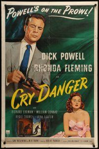 6y163 CRY DANGER 1sh '51 great film noir art of Dick Powell & Rhonda Fleming!