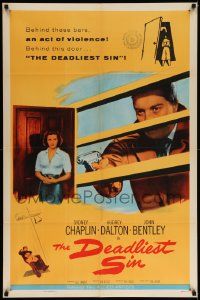 6y173 DEADLIEST SIN 1sh '56 Sydney Chaplin behind bars points gun at pretty Audrey Dalton!