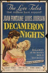 6y175 DECAMERON NIGHTS style A 1sh '53 Joan Fontaine & Louis Jourdan, love tales enjoyed by millions