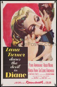 6y187 DIANE 1sh '56 sexy Lana Turner dares the devil, great close up romantic art!