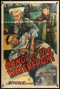 6y265 GANGS OF THE WATERFRONT 1sh '45 Robert Armstrong with gun waits for man behind door!