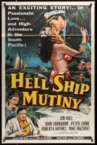 6y315 HELL SHIP MUTINY 1sh '57 Jon Hall kisses tropical bikini babe, John Carradine, Peter Lorre