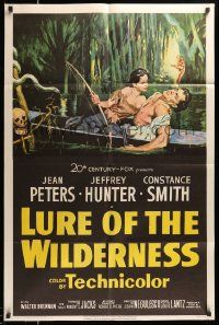 6y461 LURE OF THE WILDERNESS 1sh '52 art of sexy Jean Peters & wounded Jeff Hunter in swamp!