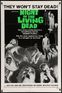 6y544 NIGHT OF THE LIVING DEAD 1sh '68 George Romero zombie classic, light green title design!