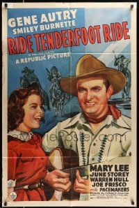 6y648 RIDE TENDERFOOT RIDE 1sh R48 great art of Gene Autry with guitar singing to Mary Lee!