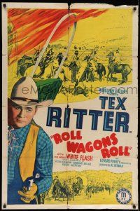 6y670 ROLL WAGONS ROLL 1sh '40 great image of Tex Ritter pointing two guns!