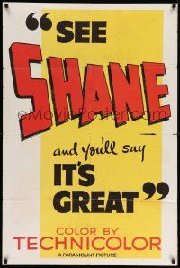 6y726 SHANE 1sh '53 classic western starring Alan Ladd, rare special text design!