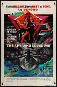 6y767 SPY WHO LOVED ME 1sh '77 cool art of Roger Moore as James Bond by Bob Peak!
