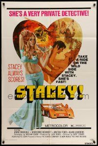 6y770 STACEY 1sh '73 Andy Sidaris directed, sexy artwork of Anne Randall, cool race car!