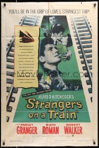 6y802 STRANGERS ON A TRAIN 1sh '51 Farley Granger & Robert Walker in double murder pact, Hitchcock