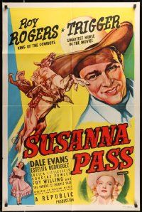 6y829 SUSANNA PASS 1sh R56 great art of Roy Rogers riding Trigger, plus sexy Dale Evans!