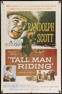 6y846 TALL MAN RIDING 1sh '55 cowboy Randolph Scott & that sexy Battle Cry girl Dorothy Malone!