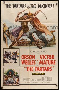 6y855 TARTARS 1sh '61 great artwork of Victor Mature battling Orson Welles!