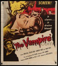 6y936 VAMPIRE INCOMPLETE 27x31 1sh '57 it claws, it drains blood, cool art of monster & victim!