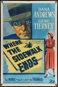 6y958 WHERE THE SIDEWALK ENDS 1sh '50 stone litho Dana Andrews, Gene Tierney, Otto Preminger noir!