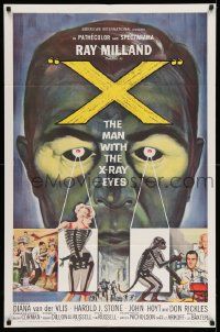 6y984 X: THE MAN WITH THE X-RAY EYES 1sh '63 Ray Milland strips souls & bodies, cool sci-fi art!