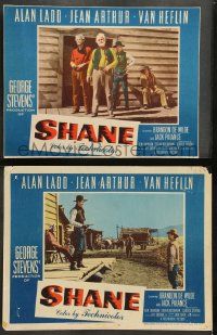 6z975 SHANE 2 LCs '53 bad guy Jack Palance with Emile Meyer, John Dierkes & Elisha Cook, Jr.!