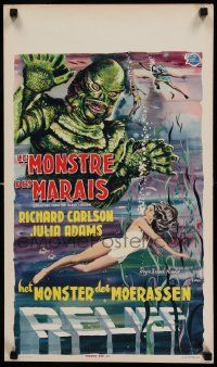 7b056 CREATURE FROM THE BLACK LAGOON 3D Belgian '54 great artwork image of monster & scuba divers!