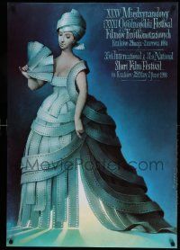7b852 35TH INT'L SHORT FILM FESTIVAL Polish 27x39 '98 Walkuski art of girl w/a dress made of film!