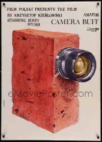 7b864 CAMERA BUFF export Polish 27x38 '79 wonderful art of brick movie camera by Andrzej Pagowski!
