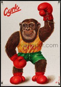 7b870 CYRK Polish 26x37 '70s incredible artwork of boxing chimp by Rafal Olbinski!