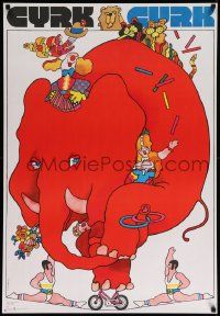 7b877 CYRK Polish commercial 27x39 '70 incredible Waldemar Swierzy art of red elephant on bicycle!
