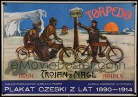 7b947 PLAKAT CZESKI Z LAT 1890-1914 2-sided museum Polish 27x29 '72 artwork of people on bikes!