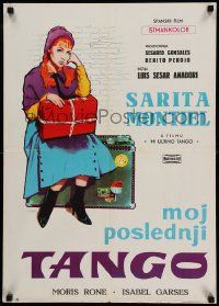 7b365 MY LAST TANGO Yugoslavian 20x28 '60 Mac art of Sara Montiel waiting w/luggage!