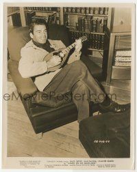 7d124 ANGEL ON MY SHOULDER candid 8x10.25 still '46 smiling Paul Muni playing mandolin at his home!