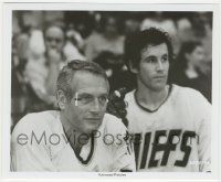 7d832 SLAP SHOT 8x10 still '77 bandaged Paul Newman & Michael Ontkean in tense moment, ice hockey!