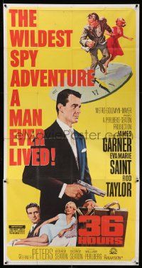 7f140 36 HOURS 3sh '65 spy James Garner with gun, sexy Eva Marie Saint, Rod Taylor, McCarthy art!