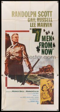 7f142 7 MEN FROM NOW 3sh '56 Budd Boetticher, full-length art of Randolph Scott with rifle!
