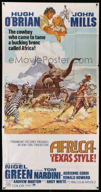 7f145 AFRICA - TEXAS STYLE 3sh '67 art of Hugh O'Brian roping zebra by stampeding animals!