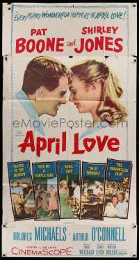 7f155 APRIL LOVE 3sh '57 full-length romantic close up of Pat Boone & sexy Shirley Jones!