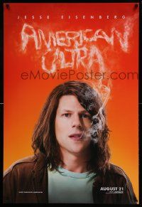 7g525 AMERICAN ULTRA teaser DS 1sh '15 great image of smoking Jesse Eisenberg!