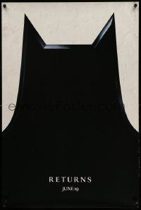 7g545 BATMAN RETURNS teaser 1sh '92 Burton, Keaton, cool partial bat symbol, dated design!