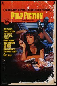 7g302 PULP FICTION 23x35 commercial poster '94 Quentin Tarantino, close up of Uma Thurman smoking!