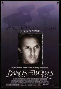 7g611 DANCES WITH WOLVES DS 1sh '90 close portrait of Kevin Costner & running buffalo!