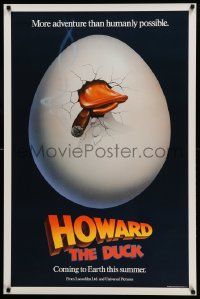 7g712 HOWARD THE DUCK teaser 1sh '86 George Lucas, great art of hatching egg with cigar in mouth!